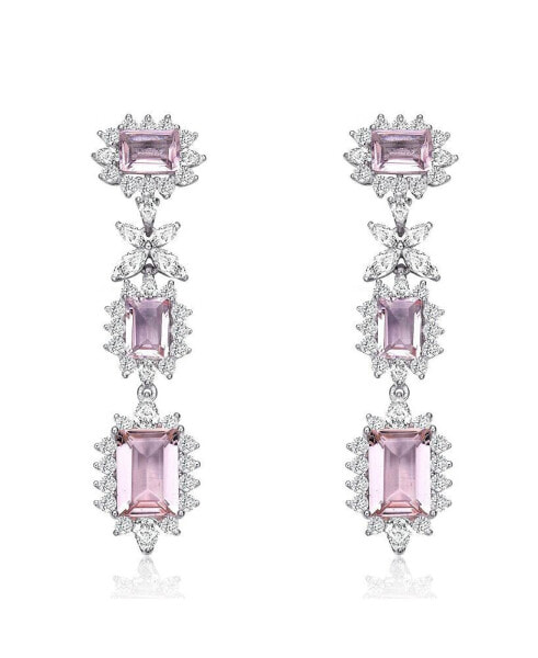 Sterling Silver with White Gold Plated Morganite Emerald with Clear Cubic Zirconia Halo Three-Tier Earrings