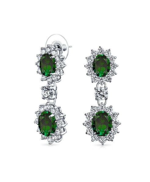 Art Deco Style Crown Halo Oval Cubic Zirconia Simulated Emerald Green AAA CZ Fashion Dangle Drop Earrings For Prom Bridesmaid Wedding Rhodium Plated
