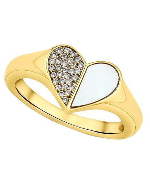 Cubic Zirconia and Cultivated Mother of Pearl 18K Gold-Plated Heart Ring