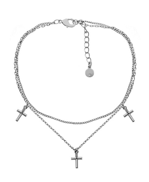 Cross Charm Double Chain Anklet in Silver Plate