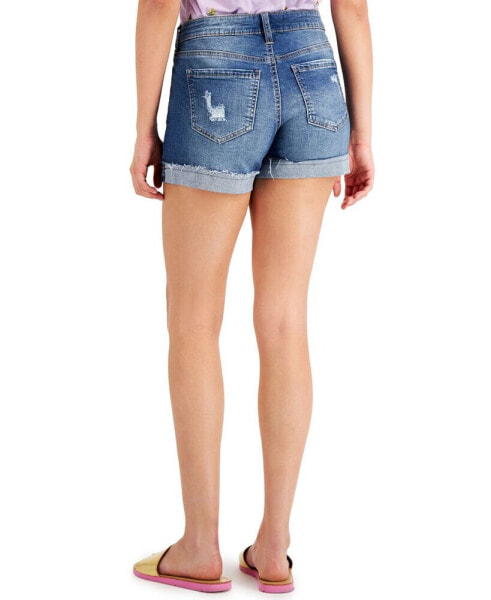 Juniors' Cuffed Raw Hem Mid Rise Denim Shorts