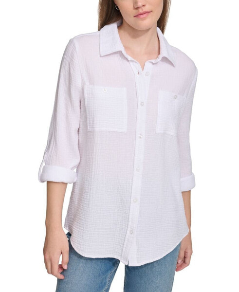 Women's Double-Crepe Button-Down Roll-Tab-Sleeve Shirt