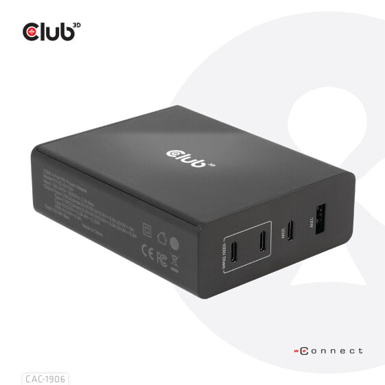 Club 3D Travel Charger 132W GAN technology - Four port USB Type-A and -C - Power Delivery(PD) 3.0 Support - Indoor - DC - Black
