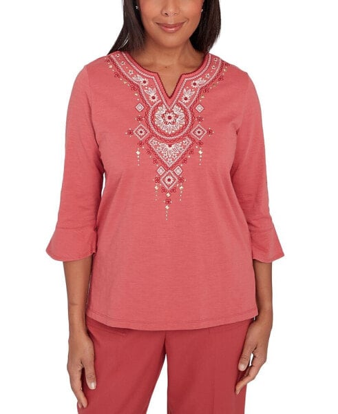 Petite Floral-Embroidered Split-Neck Top