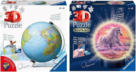 Ravensburger 3D Puzzle 11159 Puzzle Ball Globe in German Language & 3D Puzzle 11843 Night Light Puzzle Ball Horses on the Beach 72 Pieces from 6 Years LED Bedside Lamp with Clapping Mechanism