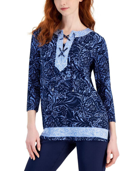 Women's Printed 3/4 Sleeve Lace-Up Knit Top, Created for Macy's