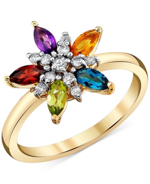 Multi-Gemstone (7/8 ct. t.w.) & Diamond (1/6 ct. t.w.) Flower Ring in 10k Gold