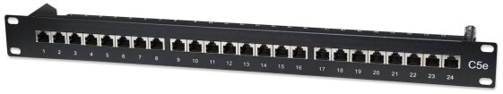 Intellinet Patch Panel - Cat5e - FTP - 24-Port - 1U - Shielded - 90° Top-Entry Punch-Down Blocks - Black - IEEE 802.3 - IEEE 802.3ab - IEEE 802.3u - Fast Ethernet - Gigabit Ethernet - RJ-45 - Gold - Cat5e - F/UTP (FTP)