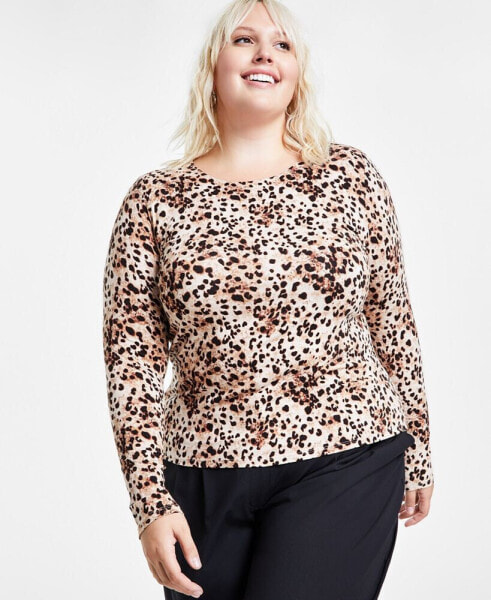 Plus Size Animal-Print Long-Sleeve Crewneck Top, Created for Macy's