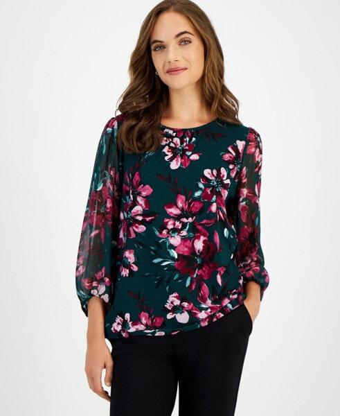 Women's Floral Print Mixed-Media Top