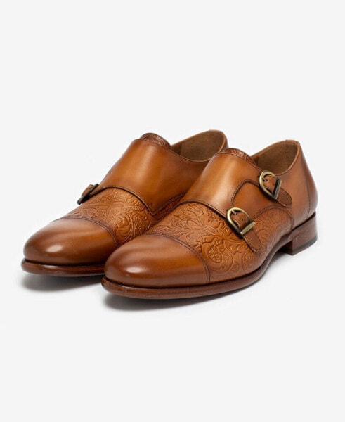Men's Lucca Embossed Floral Leather Monk Strap Dress Shoes
