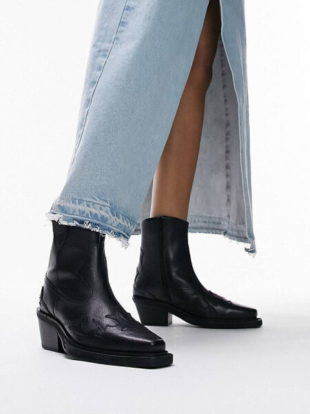 Topshop Wide Fit Lena leather western ankle boot in black