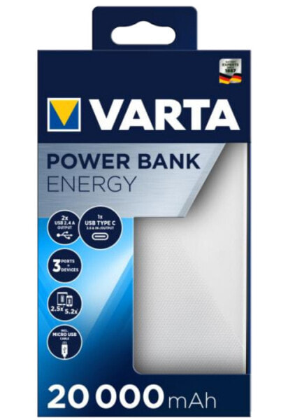Портативное зарядное устройство VARTA Energy 20000 mAh - черное-белое, универсальное, литий-полимерное, с USB, 3.7 В