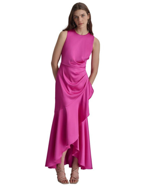 Women's Satin Ruched Ruffled Gown