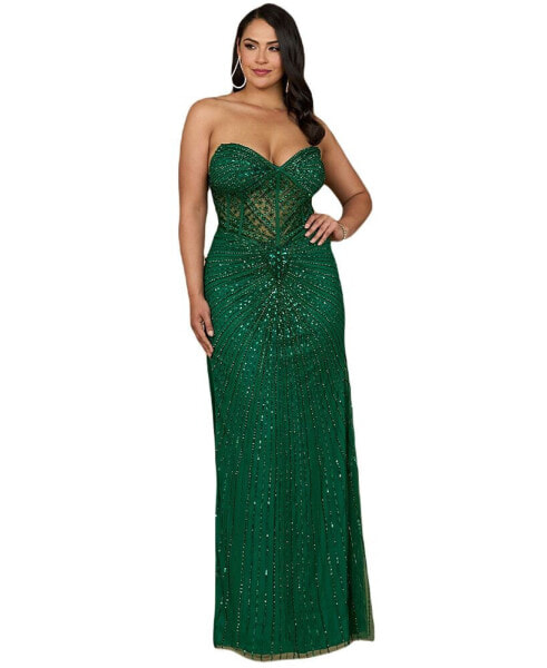 Women's Embellished Strapless Gown with Slit