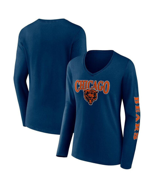 Women's Navy Chicago Bears Wordmark Long Sleeve V-Neck T-shirt