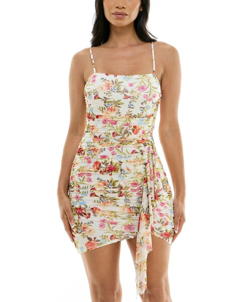 Juniors' Floral-Print Ruched Mesh Bodycon Dress