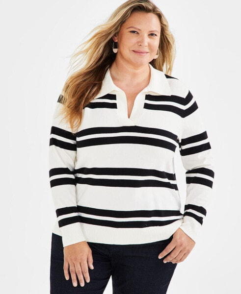 Plus Size Striped Johnny-Collar Pullover Sweater, Created for Macy's