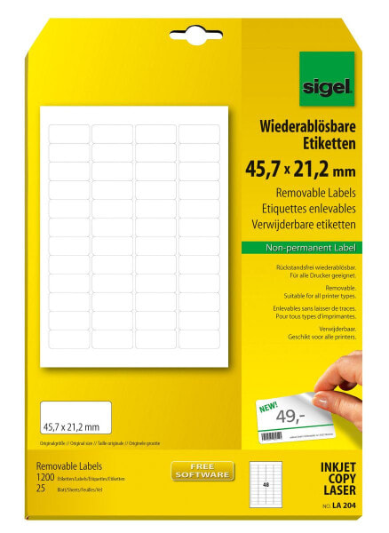 Sigel LA204 - White - Rounded rectangle - Removable - 45,7 x 21,2 mm - A4 (210x297 mm) - Universal
