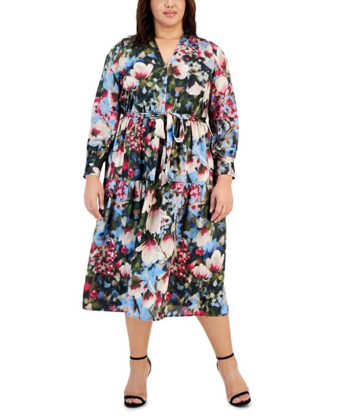 Plus Size Floral-Print Tiered Midi Dress