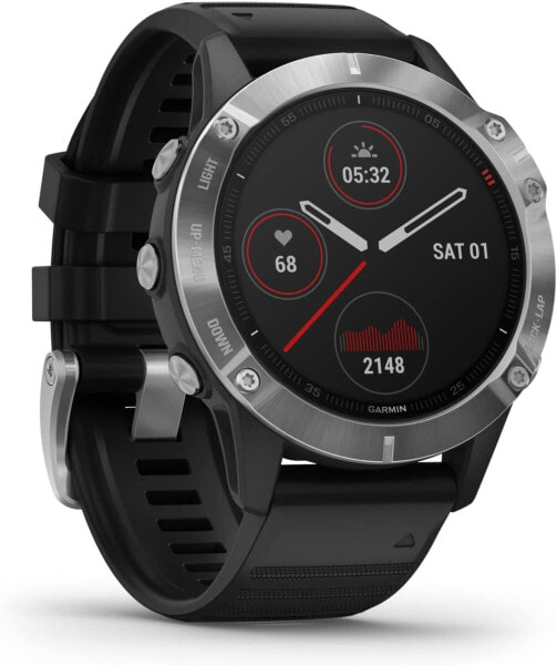 Garmin Fenix 6, Ultimate Multisport GPS Watch, V02 Max with Heat and Altitude Adjustment, Pulse Oxensors and Training Load Focus, Silver with Black Band