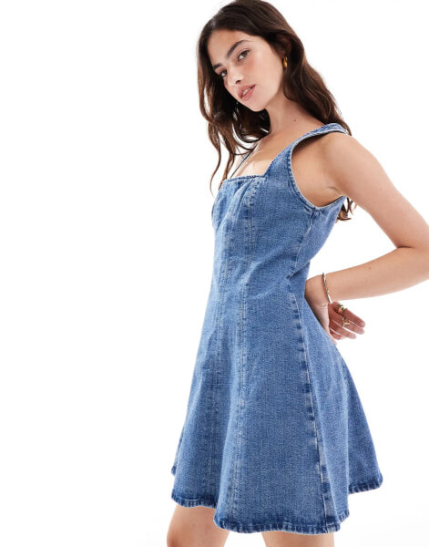 Abercrombie & Fitch strapless denim jumpsuit in mid wash blue