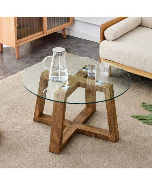 Circular glass and wood coffee tables, 31.5"x31.5"x17.7"