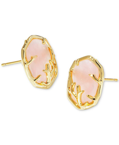 14k Gold-Plated Framed Stone Stud Earrings