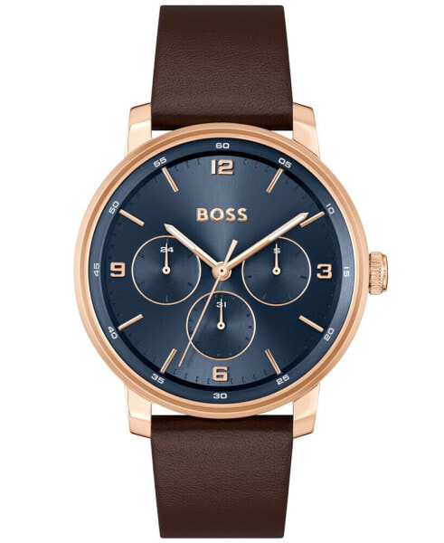 BOSS Men's Contender Quartz Multifunction Brown Leather Watch 44mm