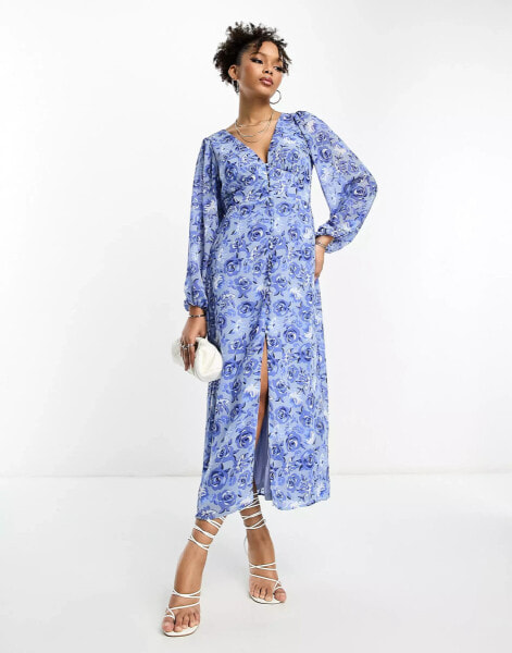 Vila v neck button through maxi dress in blue floral