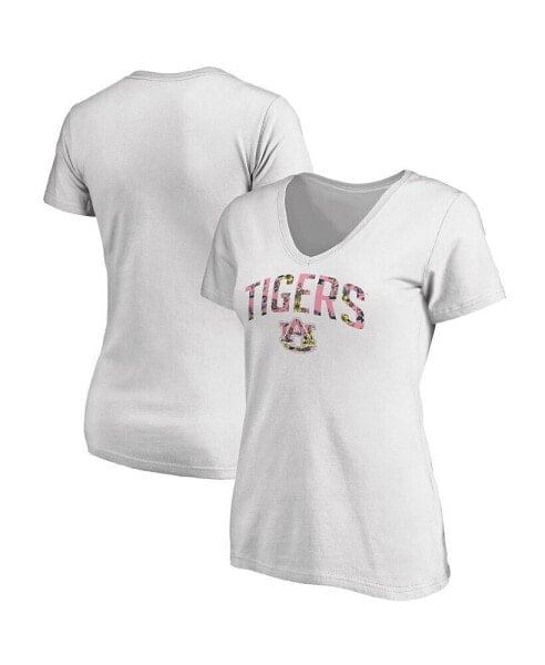 Women's White Auburn Tigers Floral Arched V-Neck T-shirt