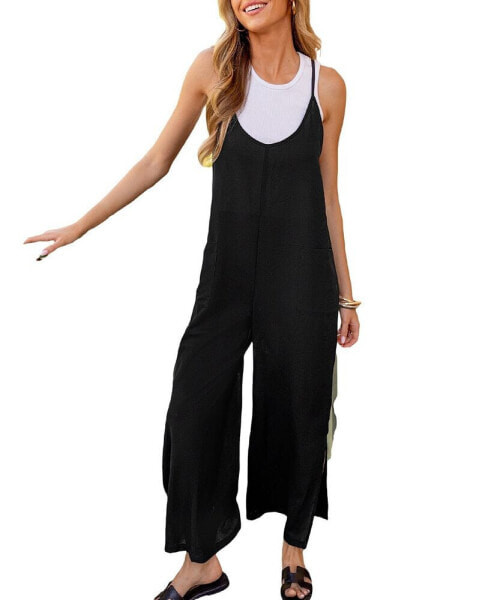 Women's Black Sleeveless Wide Leg Pocket Jumpsuit