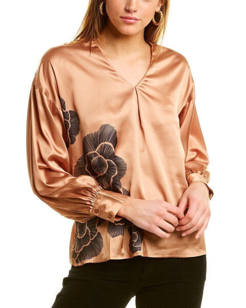 Garrie B Satin V-Neck Blouse Women's Brown Xs