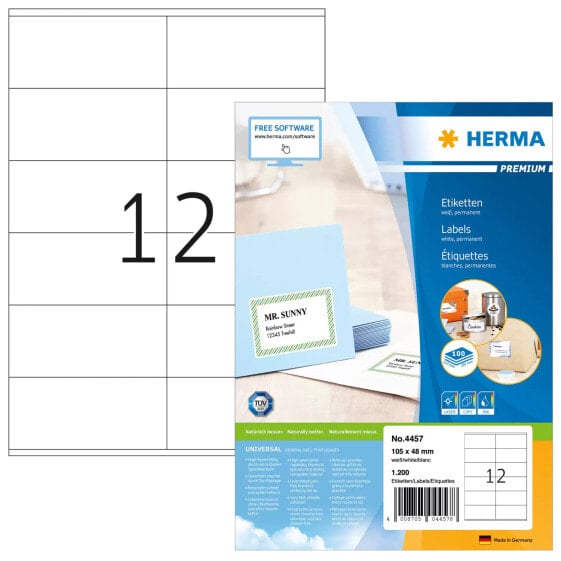HERMA Labels Premium A4 105x48 mm white paper matt 1200 pcs. - White - Rectangle - Permanent - Paper - Matte - Laser/Inkjet