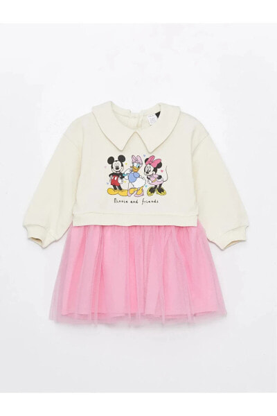 LCW baby Gömlek Yaka Uzun Kollu Minnie Mouse Baskılı Kız Bebek Elbise
