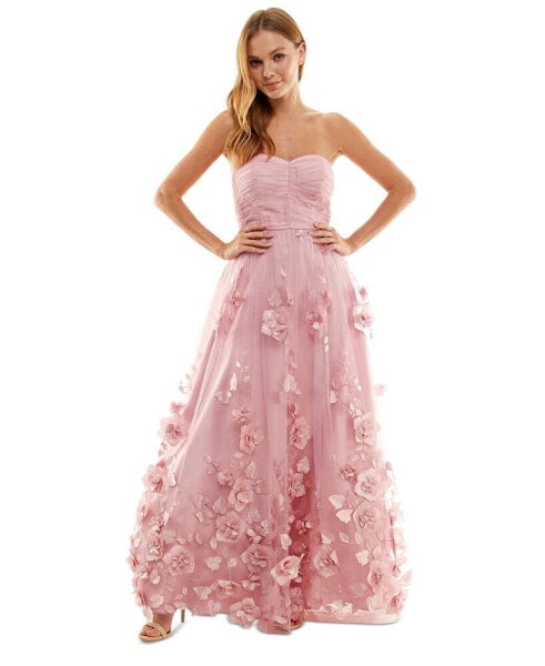 Juniors' 3D Floral Ruched Strapless Gown, Created for Macy's
