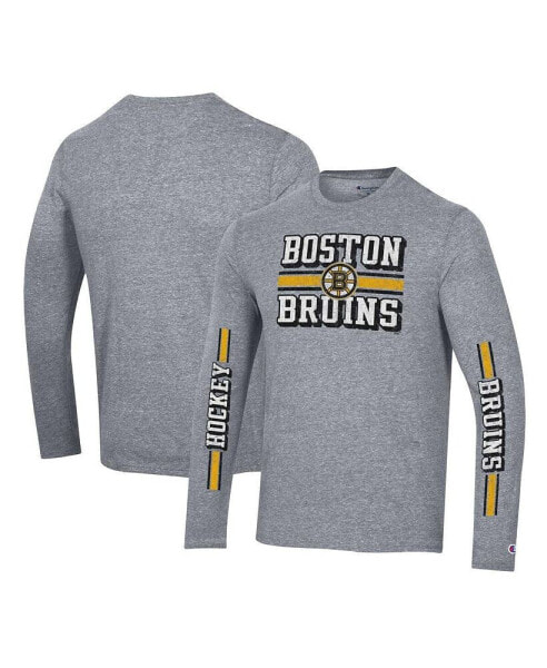 Men's Heather Gray Distressed Boston Bruins Tri-Blend Dual-Stripe Long Sleeve T-shirt