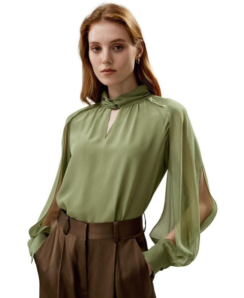 Women's Side Slit Lantern Sleeve Silk Blouse for Women