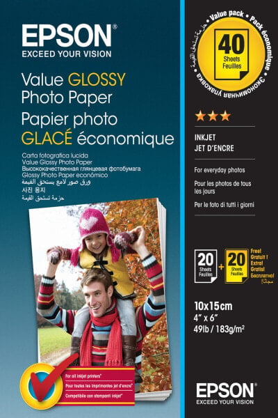 Epson Value Glossy Photo Paper - 10x15cm - 2x 20 sheets (BOGOF) - Gloss - 183 g/m² - A4 - 10x15 cm - Office printing - Calendar - Photo collage - Photo gifts - Photo - Cards and gift wraps - Seasonal... - 40 sheets