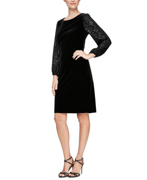 Women's Sequined-Sleeve Velvet Dress