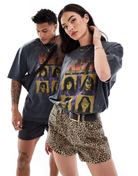 ASOS DESIGN unisex oversized license t-shirt with KISS band print in washed black