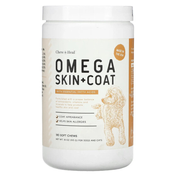 Витамины и добавки Chew + Heal Omega Skin + Coat, с Эфирными маслами, для собак и кошек, 180 мягких таблеток, 18 унций (513 г)