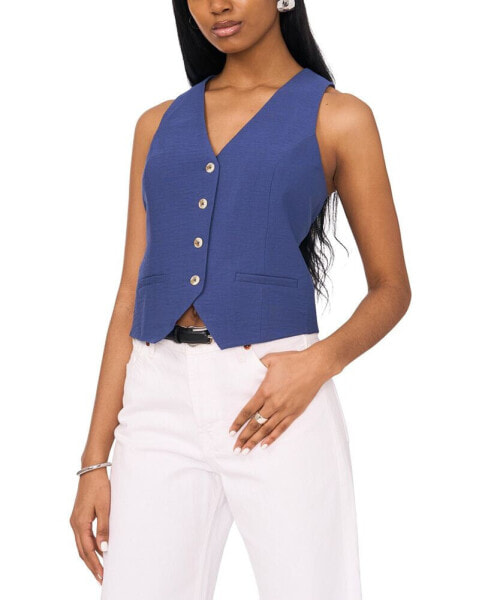 Women's Sleeveless Button Down V-Neck Micro Vest