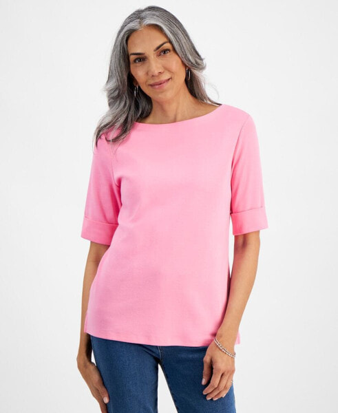 Women's Boat-Neck Elbow Sleeve Cotton Top, XS-4X, Created for Macy's