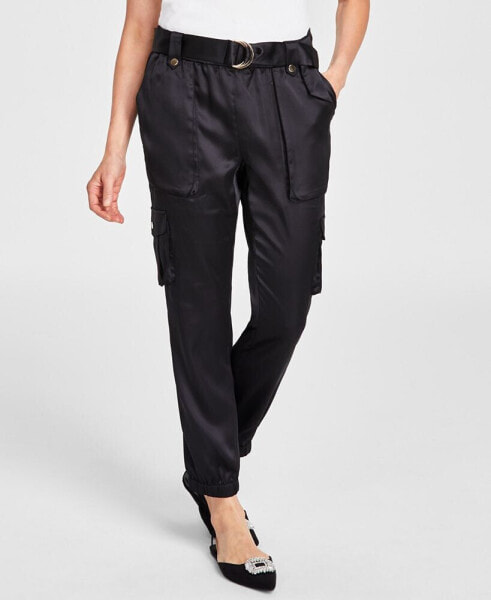 Women's High-Rise Belted Satin Cargo Pants, Regular & Petite, Created for Macy's