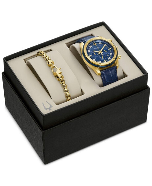 Men's Chronograph Diamond-Accent Blue Leather Strap Watch 43mm Gift Set