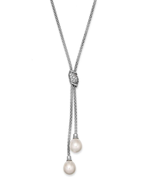 Macy's cultured Freshwater Pearl (7-1/2 mm) and Cubic Zirconia (1/4 ct. tw.) Lariat Necklace in Sterling Silver