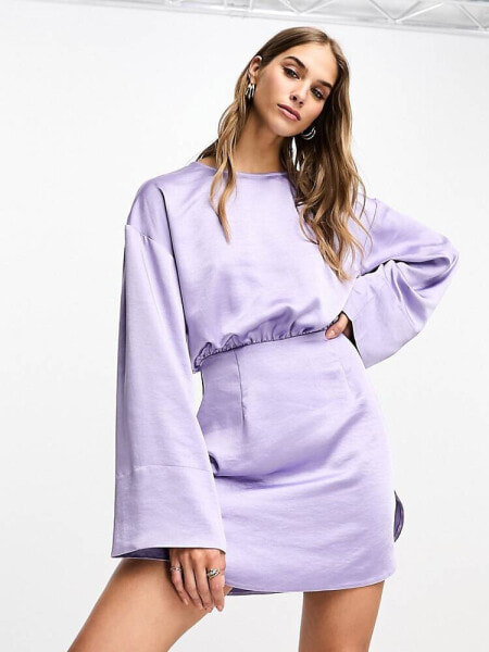 ASOS DESIGN satin crew neck mini dress with dolphin hem and deep cuff in lilac 