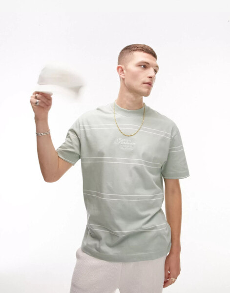 Topman oversized fit stripe t-shirt with Parisian embroidery in sage