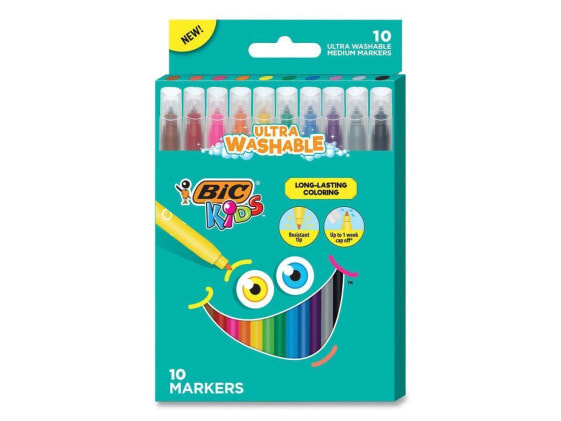 BIC Kids Ultra Washable Markers, Medium Bullet Tip, Assorted Colors, 10/Pack